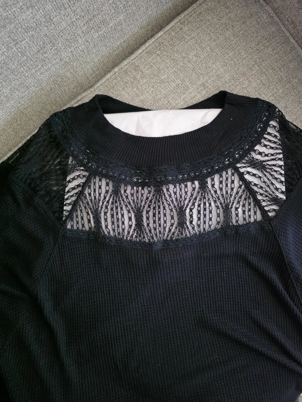 Free People Spring Valley Black Lace Yoke Waffle Thermal Top Size S